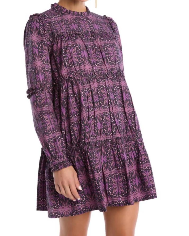 Front of a model wearing a size L Sandra Dress In Plum Kaleidoscope in Plum Kaleidoscope by ALLISON NEW YORK. | dia_product_style_image_id:342291